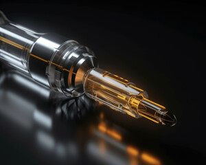 Naklejka premium A closeup of a syringe filled with a metallic liquid highlighting the potential of AI to ist in vaccination and drug delivery. . AI generation.