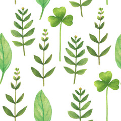 Tropical green plants seamless pattern. Watercolor botanical background. Generative AI