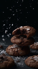 Chocolate cookies on dark background rotating randomly, generative ai