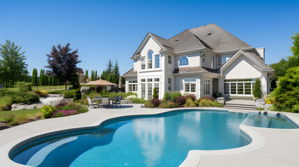 Beautiful home exterior and large swimming pool on sunny day with blue sky. Features series of water jets forming arches. - obrazy, fototapety, plakaty