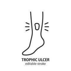Trophic ulcer line icon. Sores, wound outline vector symbol.  Stage of varicose veins on the leg sign. Editable stroke.