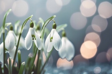 Galanthus flowers on bokeh background, winter or early spring. Generative AI
