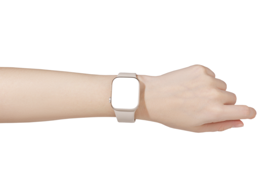 Female hand wearing smart watch with blank screen isolated on transparent background
