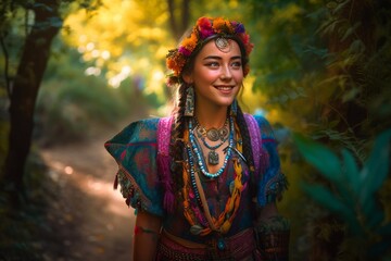 Portrait of pretty young shaman in indian dress near jungle, tropics. Generative AI