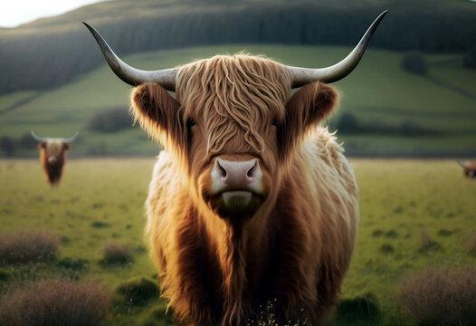 Cow in the field new quality universal colorful technology stock image illustration design, generative ai