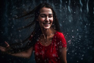 A beautiful brunette stands under pouring water droplets. Generative AI