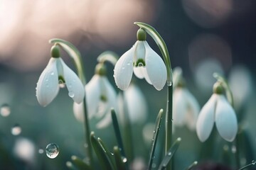 White snowdrops in the early spring in the forest. Beautiful footage of galanthus commonly known as snowdrop. Generative AI