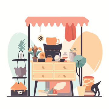 Flea market or second hand store. Reusable clothes and sustainable living concept. Flat vector illustration. Generative AI