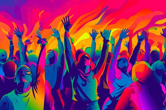 Hands silhouettes of the crowd raised up at music show. Generative AI