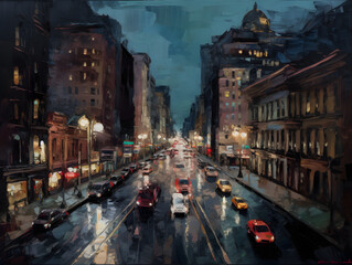 City at night, oil paint. Generative AI