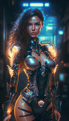 Fototapeta na wymiar portrait of beautiful woman in future outfit, sexy cyberpunk girl. Created using generative artificial intelligence.