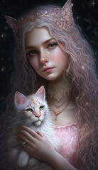 A beautiful and young girl with a wild white cat in her arms, a portrait of a gentle fairy. Created with generative AI.