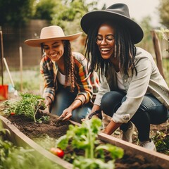 Happy black women gardening. Generative AI
