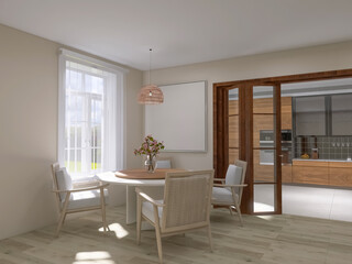 Kitchen dining room 3d render, 3d illustration