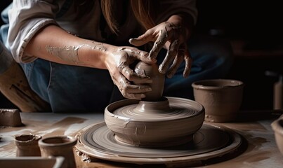 A woman makes ceramics in a creative studio using a modeling tool, generative AI