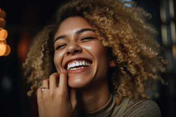 Face, hair care and beauty perfect smile of smiling happy black woman. Jamaican female model, makeup and portrait with beautiful healthy hair and curls after cosmetic spa treatment