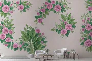 Interior of a modern living room, flowered wall, pastel tones, armchairs, decoration with plants. Interior design. 3d rendering