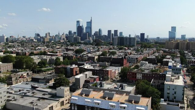 Roofs of houses in Philadelphia, residential buildings and courtyards of middle-class people. Aerial photography of the metropolis.