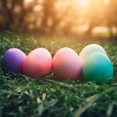 Happy easter! Closeup Colorful Easter eggs on green grass field during sunset background. bright colors. Generative AI