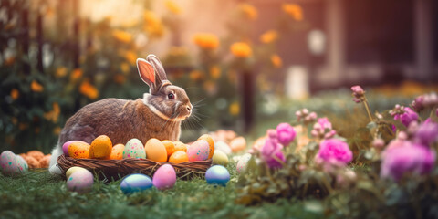 easter bunny with colorful easter eggs, green garden background, nature. sunset light. Generative AI