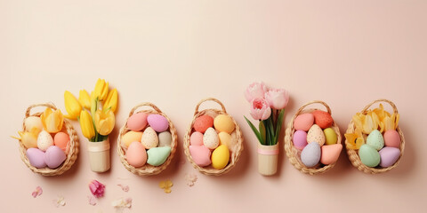 Fototapeta na wymiar Easter celebration concept. Top view photo of colorful easter eggs small baskets ceramic bunnies yellow and pink tulips on isolated pastel beige background with copyspace. Generative AI