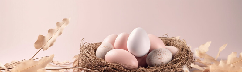 Easter poster background template with Easter eggs in the nest on light pink background. Greetings and presents for Easter Day.  Horizontal background for greeting cards and banner. Generative AI