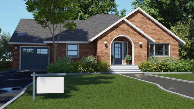Beautiful red brick house. 3D visualization of a house with a landscape.