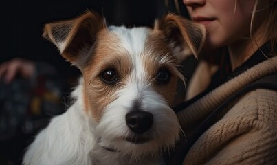 Jack Russell terrier in the hands of a girl, generative AI