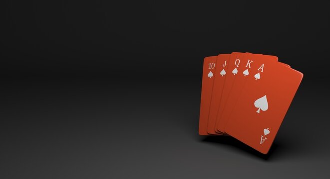 sequence of cards 10, J, Q, K, A, red deck with golden numbers, sequence of poker (3d illustration)