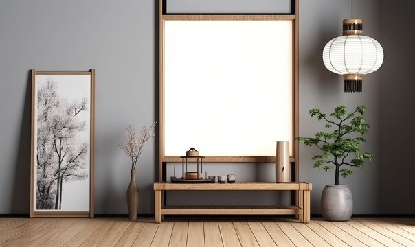 Vertical frame in the interior of a Japanese style room with plants on a wooden floor, generative AI