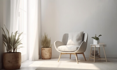 Scandinavian style living room with grey fabric armchair, golden lamp and plants against an empty white wall, 3d rendering, generative AI