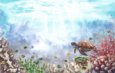 Underwater sea world. Watercolor hand drawn. For background for labels, business cards and banners, flyers and brochures © ANTONINA MASLOVA