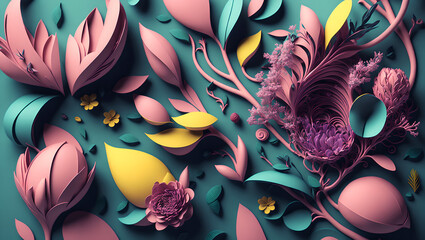 Obraz premium spring abstract background with 3d elements, easter background, spring flowers and butterflies, paper composition