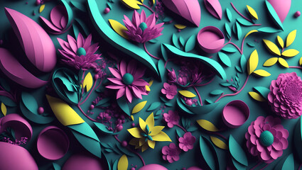 spring abstract background with 3d elements, easter background, spring flowers and butterflies, paper composition