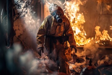 Naklejka premium People with gas mask surrounded by smoke and fire. Generative AI.