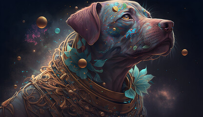 Sgenarized with the help of a neural network ,Multidimensional illustration of a dog surrounded by stars, planets and vines in the foreground. 