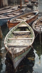 Wooden boats in a harbor. Generative AI.