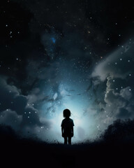 A photoaph of a child in a y field looking up at the night sky with awe hinting at an appreciation of beauty and life in spite of trauma.. AI generation.