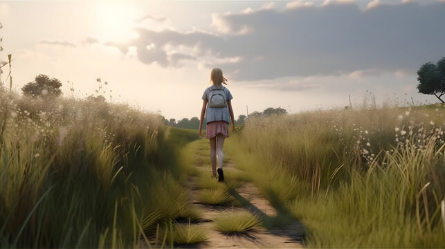 The girl is walking on the summer grass. Generative AI