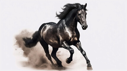 Naklejka na ściany i meble Black horse with long mane runs gallop in dust on white background. Created with Generative AI technology.