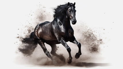 Black horse with long mane runs gallop in dust on white background. Created with Generative AI technology.