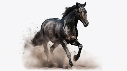 Black horse with long mane runs gallop in dust on white background. Created with Generative AI technology.