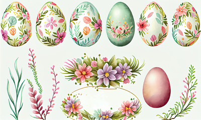 Set of easter boho eggs on an isolated white background, floral design, watercolor clipart, Easter spring collection, generative AI