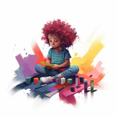 Fototapeta premium A curlyhaired toddler sits reading a music score surrounded by colorful crayons and a paint palette.. AI generation.