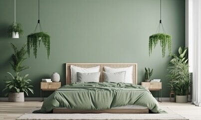 Layout of the bedroom interior in boho style with green plants on the background of an empty green wall, mockup, generative AI