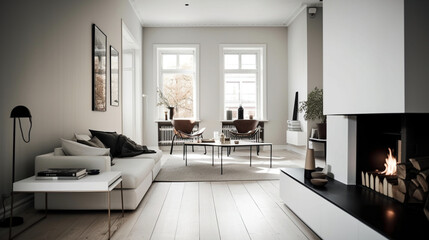 Fototapeta na wymiar A minimalist living room with a fireplace is captured in an editorial-style photo. The natural light creates a cozy mood. Created with generative Ai Technology.