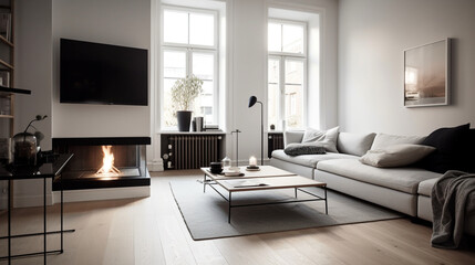 A minimalist living room with a fireplace is captured in an editorial-style photo.  The natural light creates a cozy mood. Created with generative Ai Technology.