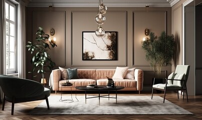 Fototapeta na wymiar Stylish living room interior of modern apartment and trendy furniture, plants and elegant accessories. Home decor, generative AI