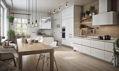 Fototapeta premium Stylish modern kitchen in a light Scandinavian style, generative AI