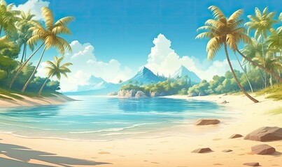 A beach with palm trees and mountains in the background, generative AI